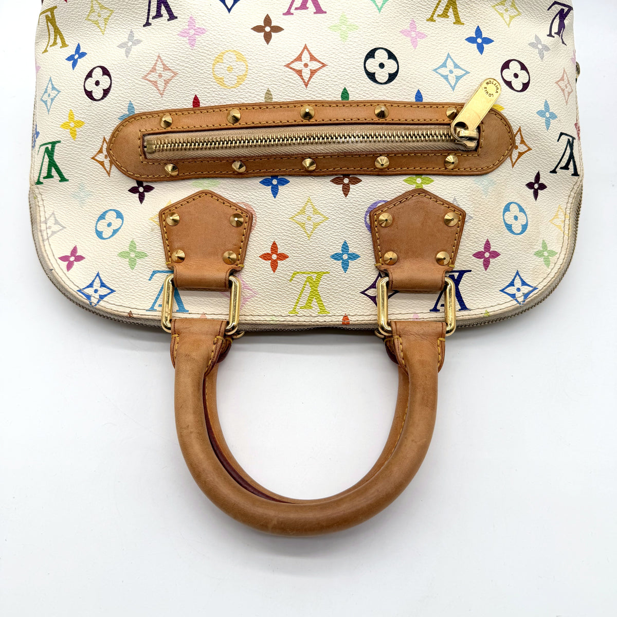 Louis Vuitton Alma Toile Monogram Multicolore Blanc - vue de dessus, anses et attaches