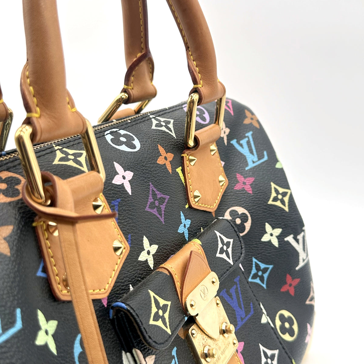 Louis Vuitton Speedy 30 Toile Monogram Multicolore Noir - détail des anses, pattes et rivets