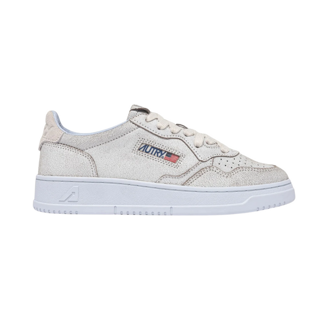 Autry Medalist Low White & Skywriting Scraped Suede