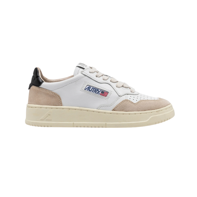 Autry Medalist Low White & Black Leather and Beige Suede