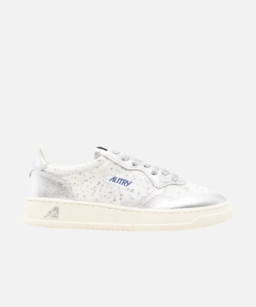 Autry Medalist Low White Glitter Canvas & Silver Leather