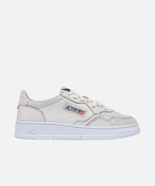Autry Medalist Low White & Skywriting Scraped Suede