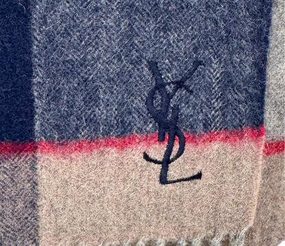 YVES SAINT LAURENT – Écharpe à Carreaux Laine Beige & Bleu