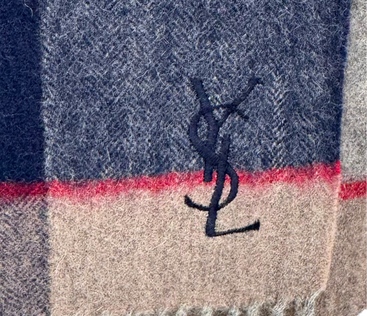 YVES SAINT LAURENT – Cachecol aos Quadrados em Lã Bege e Azul