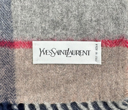 YVES SAINT LAURENT – Écharpe à Carreaux Laine Beige & Bleu