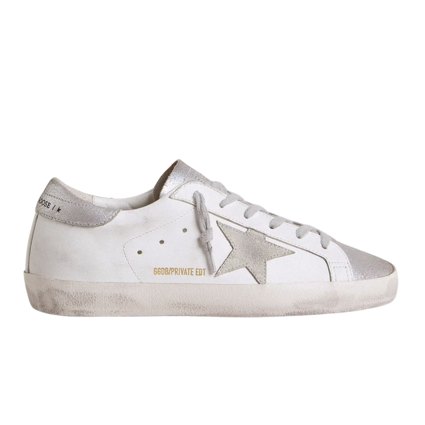 Golden Goose- Super-Star  femme avec étoile en daim gris et contrefort et empiècements à paillettes argentées