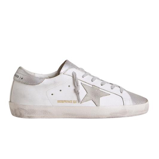 Golden Goose- Super-Star  femme avec étoile en daim gris et contrefort et empiècements à paillettes argentées