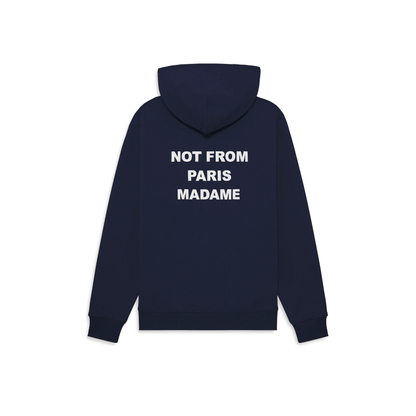 Sweat à capuche Drôle de Monsieur Slogan bleu marine porté