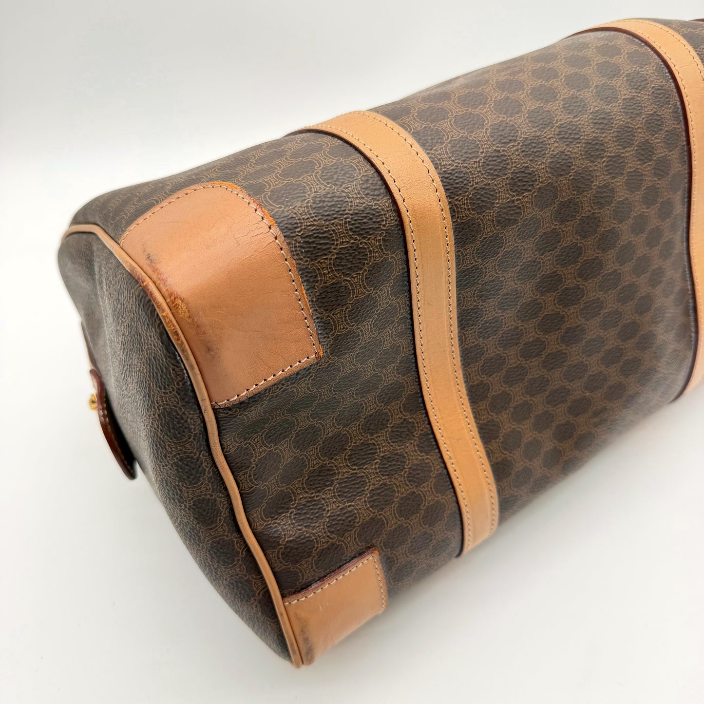Céline Boston 35 toile Macadam - angle base et empiècements cuir naturel