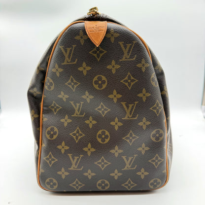 Louis Vuitton Keepall 45 Toile Monogram - côté avec cachet Louis Vuitton Paris made in France