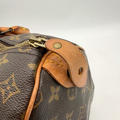 Louis Vuitton Speedy 35 Toile Monogram vintage - détail zip et languette cuir patiné