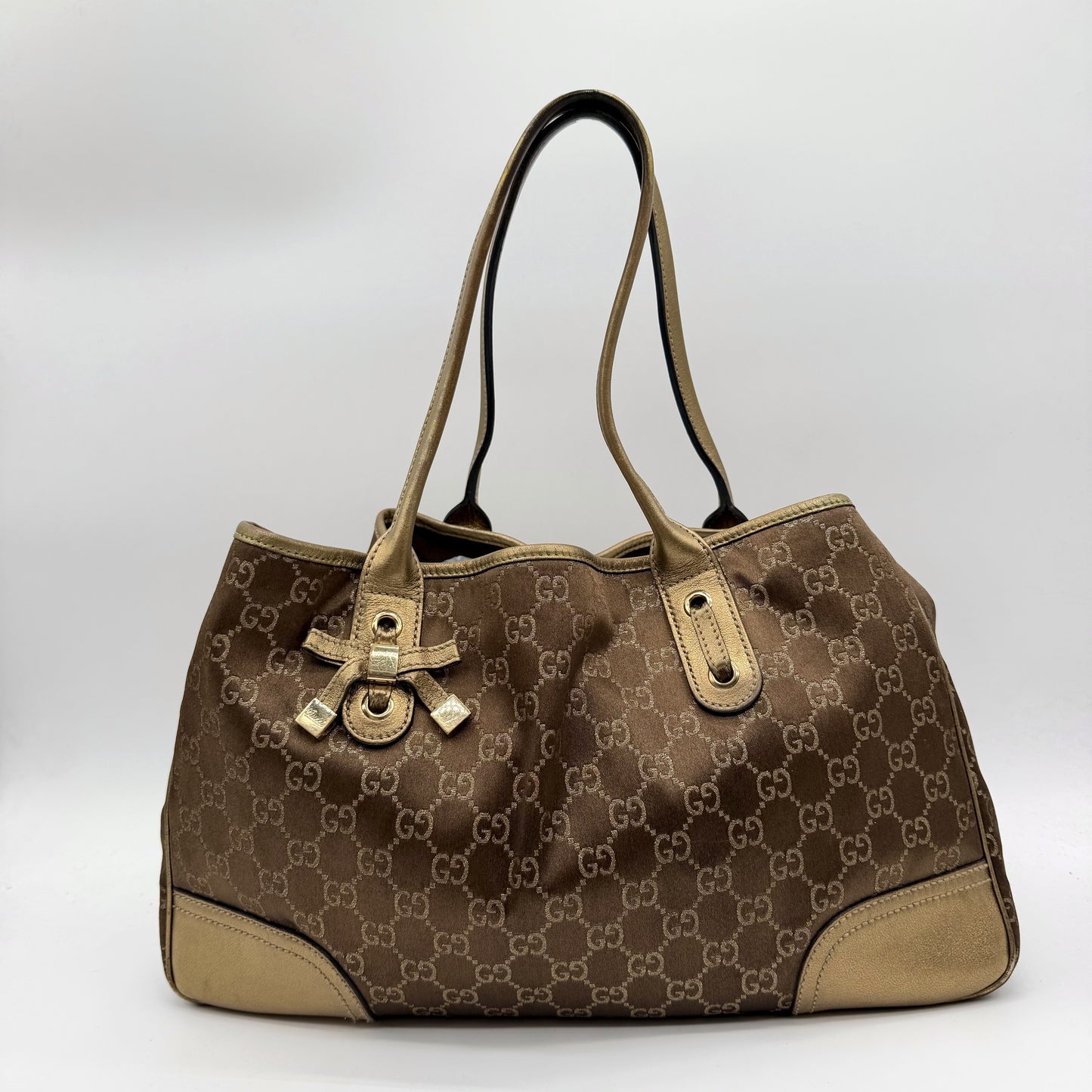 Gucci Cabas Princy toile GG beige et cuir dore - vue avant