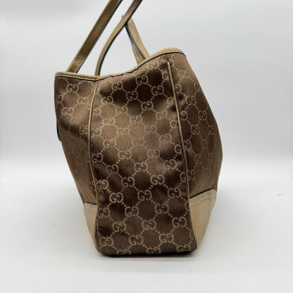 Gucci Cabas Princy toile GG beige et cuir dore - vue de cote