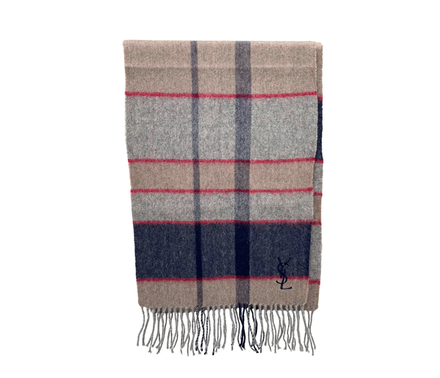 YVES SAINT LAURENT – Écharpe à Carreaux Laine Beige & Bleu